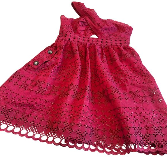 Self-Portrait One Shoulder Cranberry Red Eyelet Lace Dress A-Line Cutout Size 8 - Picture 8 of 15